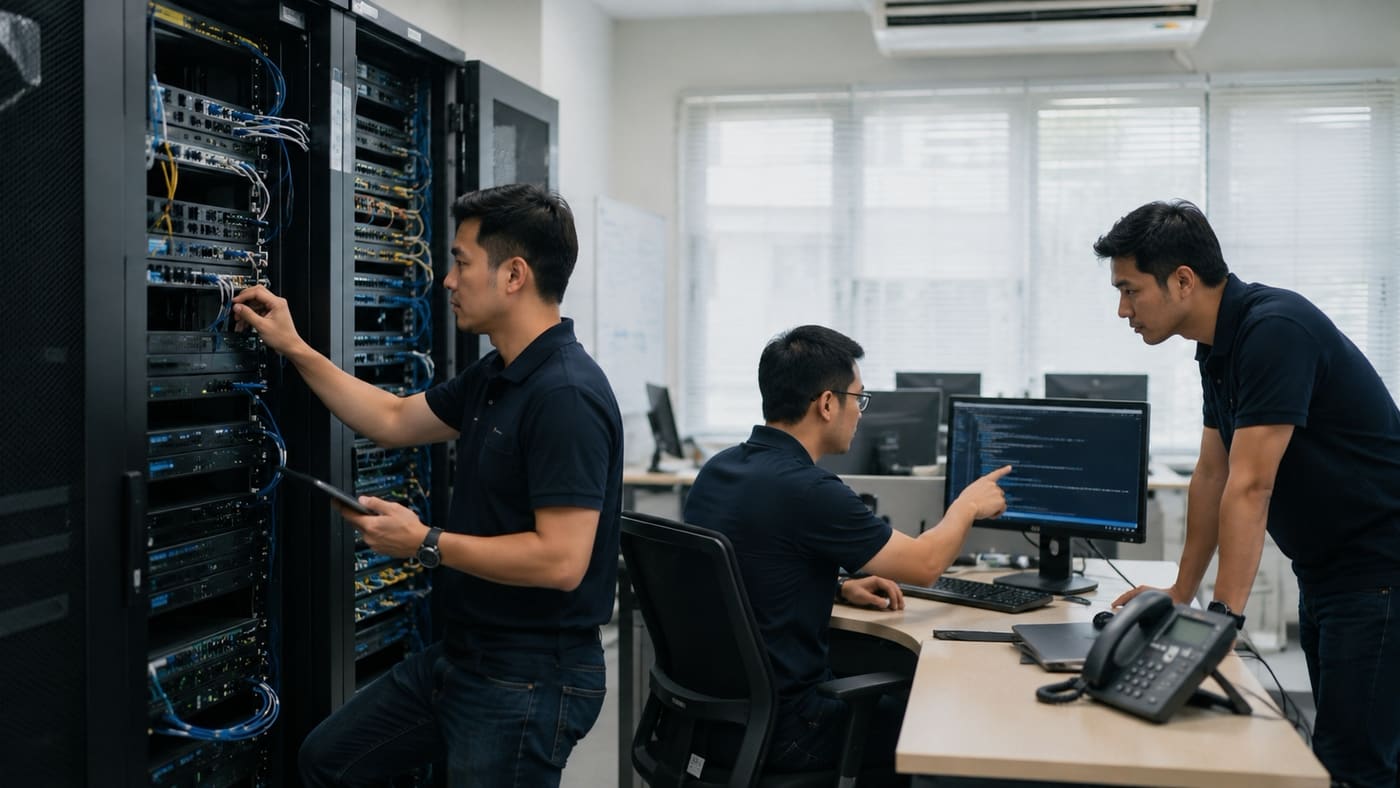 วิศวกรตรวจสอบระบบ Network และ Server ในห้อง Server สำหรับงาน IT System Integration