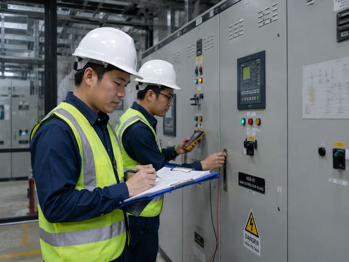 ทีมวิศวกรตรวจวัดและบันทึกข้อมูลการใช้พลังงานที่ตู้ MDB — บริการ Energy Audit และ Energy Management