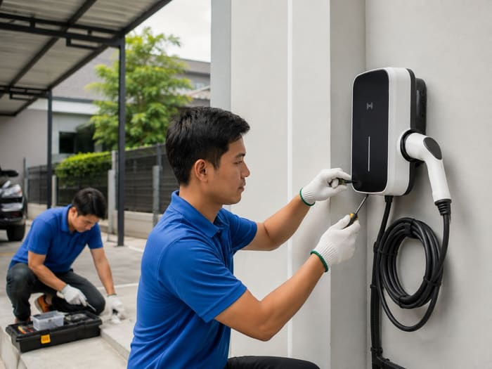 ช่างติดตั้งเครื่องชาร์จรถยนต์ไฟฟ้าที่ผนังโรงจอดรถบ้านพักอาศัย — บริการ EV Charger Installation